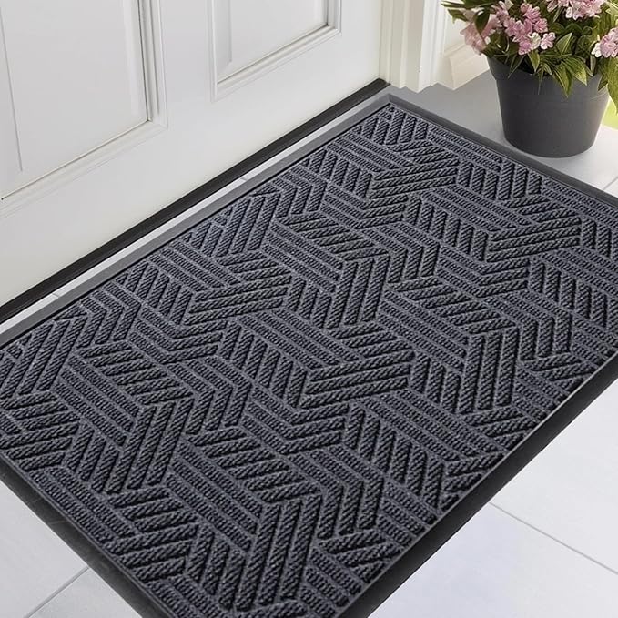 Front Door Mat 36"x24" Indoors Outdoors Welcome Mats, Waterproof Non-Slip Rubber Backing Heavy Duty Doormat Outside Entrance, Low Profile Entryway Rugs Floor Mat for Patio, Pattern B Grey