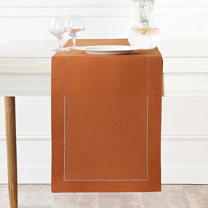 D'Moksha Homes Linen Rust Table Runner 120 Inches Long - 100% Pure Linen Hemstitch 14 x 120 Inch Table Runner for Dining and Spring, Easter - Classic Hemstitch