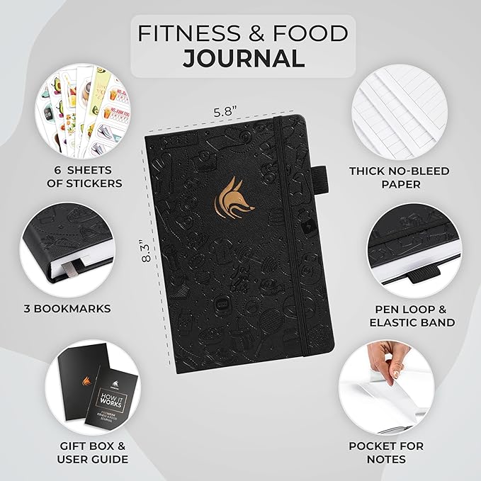 Clever Fox Fitness and Food Journal Premium – Guided Daily Workout, Meal & Weight Loss Tracker for Women & Men – Exercise Diet Planner (Black)