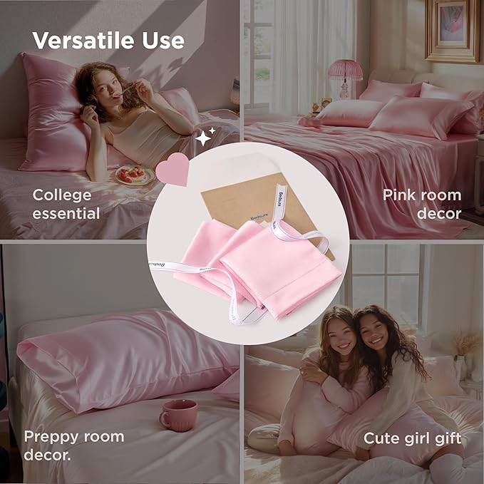 Bedsure King Size Satin Pillowcase Set of 2 - Pink Silky Pillow Cases for Hair and Skin with Envelope Closure, Similar to Silk Pillow Cases, Valentine Gifts for Women Girls, 20x36 Inches, 2pcs