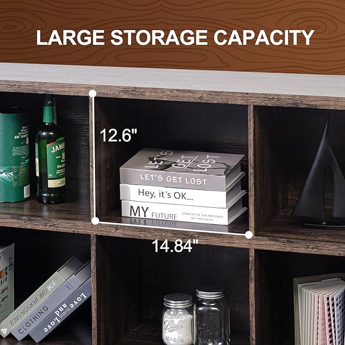 8 Cube Storage Organizer Bookshelf, Industrial Horizontal Bookcase, Accent Cubby Shelf, Media Console Table for Living Room, Home Office, 13.6" D x 63" W x 30.9" H, Dark Grey Oak