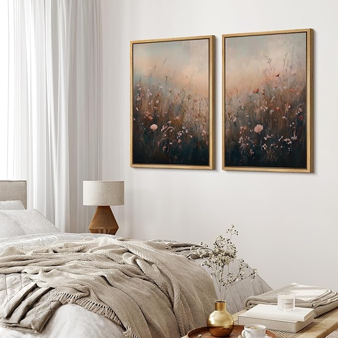 MUDECOR Framed Canvas Print Wall Art Forest and Lake Landscape Vintage Nature Scenery Illustrations Modern Art Decorative Bohemian Chic for Living Room, Bedroom, Office - 24"x36"x2 Natural