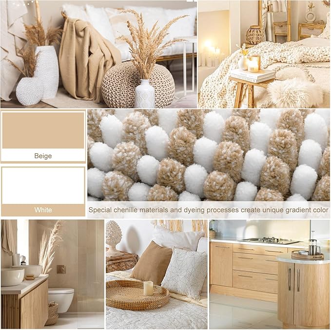 BSICPRO Bathroom Rugs Sets 3 Piece, Toilet Rugs U-Shaped Contour Bath Mat Set, Long Striped Absorbent Non Slip Chenille Shower Mat, Beige