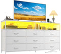55" W White Dresser for Bedroom with 9 Drawers, LED TV Stand with Power Outlets for 45, 55, 65 Inch TV, Sturdy Long Chest of Drawers with Extra 2 Wooden Shelves, 55.1" W x 35.4" H x 11.8" D