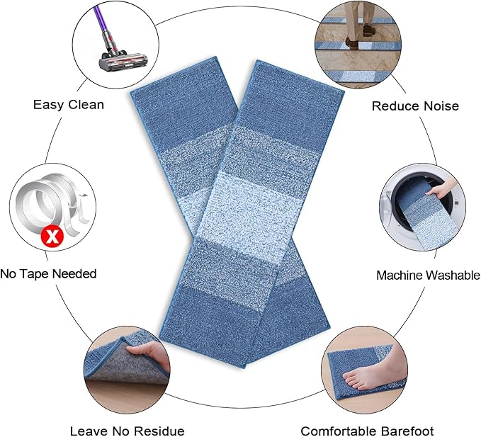 OLANLY Stair Treads Non Slip 15PCS, 8" x 30" Indoor Stair Runners for Wooden Steps, Edging Stair Rugs with Reusable Peel and Stick Adhesive for Kids Elders and Pets, Light Blue