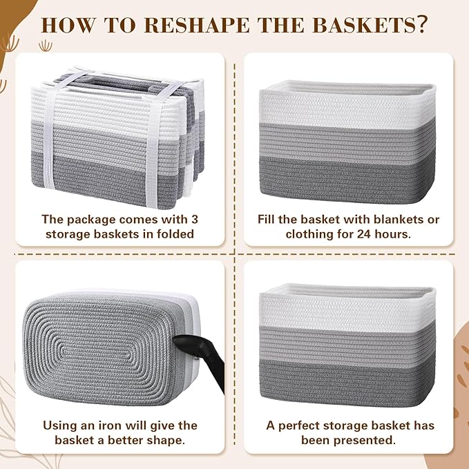 Woven Storage Baskets, Baskets for Organizing, 3 Pack Woven Basket for Storage, Storage Baskets for Shelf, Towel, Toy, Book, Closet, Baby 15"×10"×9"