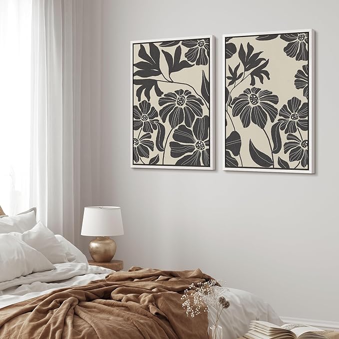 MUDECOR Framed Canvas Print Wall Art Monochrome Floral Botanical Black and White Illustrations Modern Art Decorative Bohemian Colorful Chic for Living Room, Bedroom, Office - 24"x36"x2 White