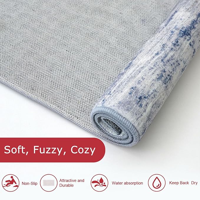KOZYFLY Modern Abstract Kitchen Runner Rug, 2x10 Washable Rug Runner Non-Slip Soft Striped Hallway Runner Rugs, Grey Blue Print Carpet Runner for Entryway Bathroom Laundry Room Foyer