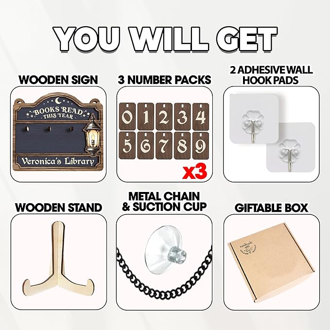 Personalized Book Tracker Sign, Custom Books Read This Year Counter, Book Lover Gift for Teachers, Women, Librarians, Readers, Wooden Hanging Library Decor, Bookshelf Accessories for Wall & Table
