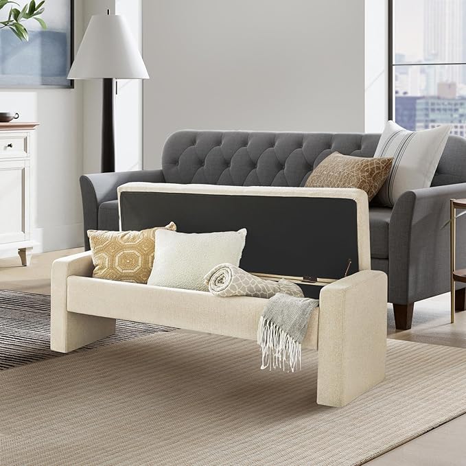 55" Modern Upholstered Storage Bench with Tufted Seat, Fabric Ottoman Bench for Bedroom, Entryway, or Living Room, Soft Close Hinge,Linen