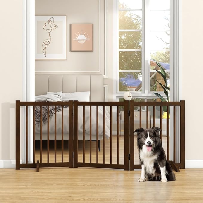 Indoor Dog Gate,Wooden Freestanding Dog Gate for Stairs or Doorways-3 Panels 24" - Folding Solid Wood Safety Pet Fence with 2 Support Feet-Walnut Color