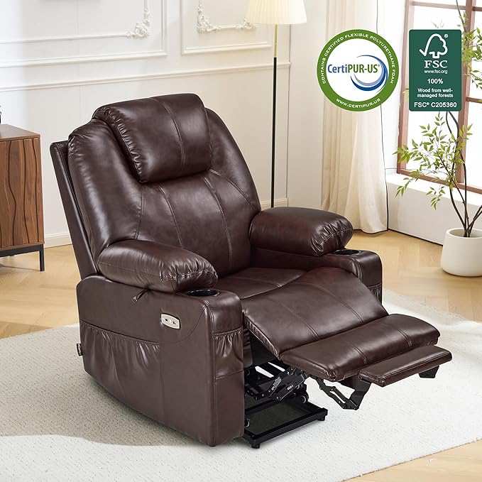 MCombo Large Power Lift Recliner Chair with Massage and Heat for Tall Elderly People, 3 Positions, Cup Holders, and USB Ports, Faux Leather 7516 (Large, Dark Brown)