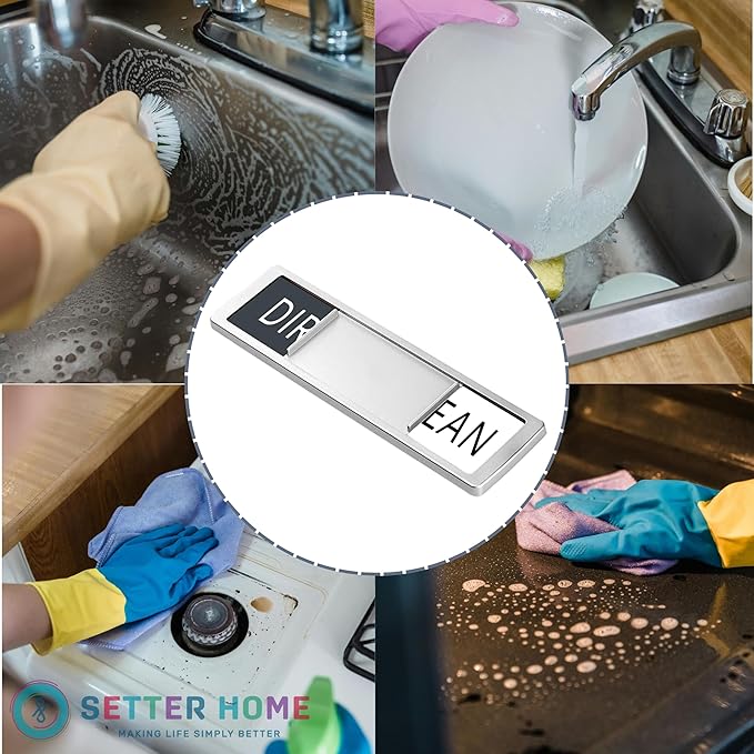 Clean dirty magnet for dishwasher, Premium Clean Dirty Sign Indicator - Stainless Steel Grade 304 Clean Dirty Magnet for Dishwasher, Grey & White Minimalistic Style, Easy to Read with Extra Adhesive Tape - Kitchen Organizer