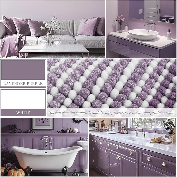 BSICPRO Bathroom Rugs Sets 3 Piece, Toilet Rugs U-Shaped Contour Bath Mat Set, Striped Absorbent Non Slip Chenille Shower Mat, Lavender Purple