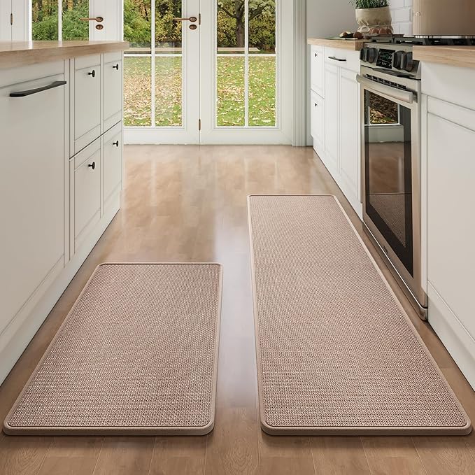 Kitchen Mat Kitchen Rugs Sets of 2 PCS Non Slip Washable, Linen-Like 0.3" Thick Cushioned Absorbent Kitchen Mats for Floor, Mild Anti-Fatigue Sink Laundry Standing Mat, Brown 17"x30"+17"x59"