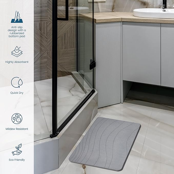 Blue Loom Stone Bath Mat, Premium Non-Slip Diatomaceous Earth Bathmat, Absorbent and Quick Drying to Elevate Your Bathroom, Dry Floor or Kitchen, Easy to Clean Spa Experience 15.3" x 23.6" - Grey