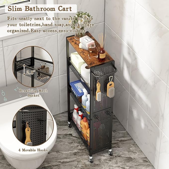 Utility Slim Storage Cart 4 Tier Small Rolling Kitchen Laundry Room Organization Cart with Wood Top Metal Narrow Laundry Room Shelves Cabinet Unit Laundry Organizer Trolley with Handle for Small space