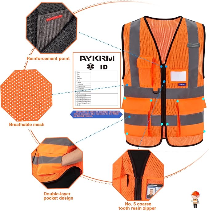 A-SAFETY High Visibility Mesh Safety Reflective Vest with Pockets and Zipper,Hi Vis Viz Reflective Safety Vest(Orange Mesh 6XL-8XL)