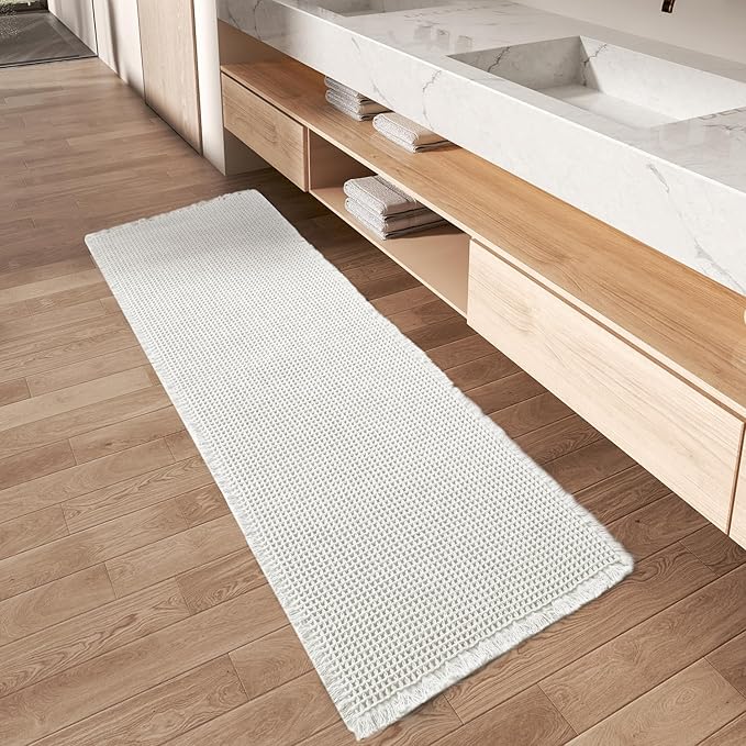 AMOAMI Waffle Runner Rug Super Absorbent Non Slip Bath Mats for Bathroom Floor, Machine Washable Boho Bathroom Runner Rug with Tassels, Ideal for Hallway Bedroom Laundry Room, 17" x 48"