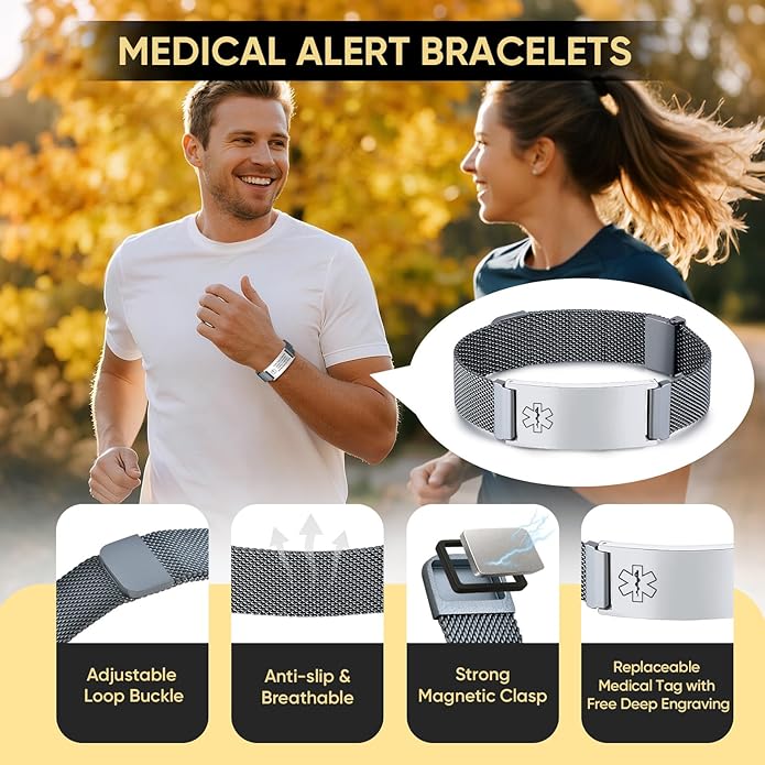 VNOX Medical Alert Id Bracelet for Men Women, Custom Engraving Adjustable Stainless Steel Customizable Mesh Emergency Survival Medic Bracelets Wristband Loop Band with Replacement Tag
