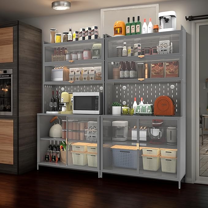 73'' Tall Kitchen Pantry Cabine, 6 Level Flip Door with Pegboard Spacious, Adjustable & Stylish Metal Pantry Storage Cabinet, Anti-Tip Design Hutch for Kitchen Dining Room Living Room, Gray