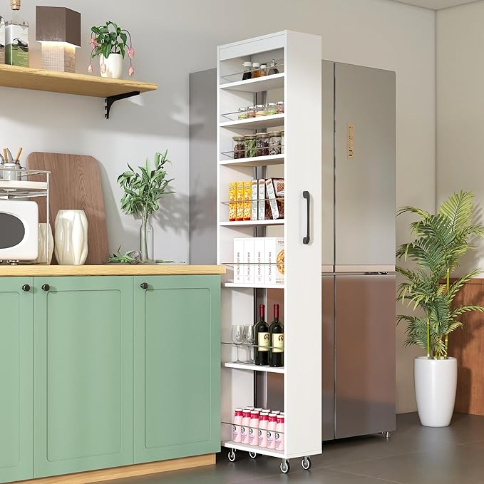 7-Tier Slim Rolling Pantry Storage Cart, Storage Shelving Rack Next to Fridge Mobile Shelving Unit Space-Saving Narrow Pull-Out Utility Cart for Kitchen Bathroom Laundry Narrow Places, White