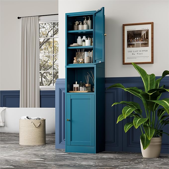 2-Door Metal Storage Cabinet, Tall Slim Pantry Organizer with 3 Adjustable Shelves (120LBS/Shelf), Anti-Tipping Waterproof Cabinet for Bathroom/Kitchen/Home Office/Small Spaces,(1PC,Blue)