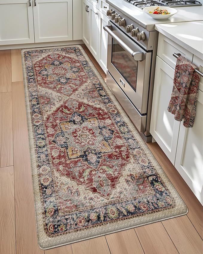 DEXI Kitchen Floor Mats Anti Fatigue, 23x86 Large Long Cushioned Vintage Runner Rug Waterproof, Standing Comfort Memory Foam Padded for Front Sink Laundry Office, Beige and Red
