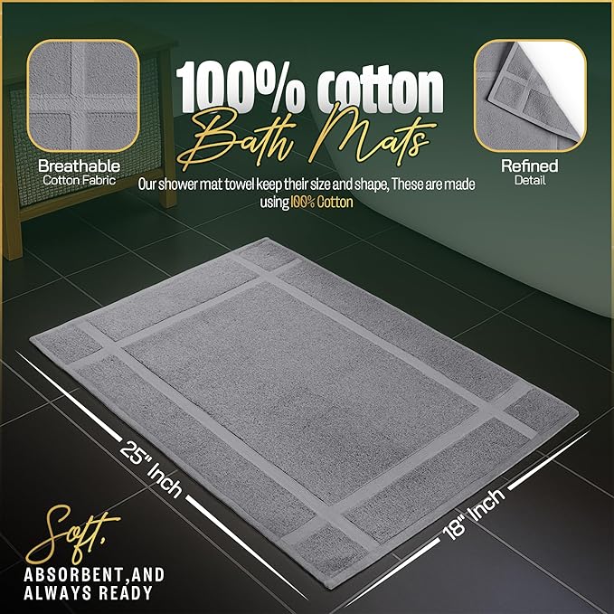 Pearl Linens 100% Ring Spun Cotton Bath Mat (Pack of 6) 18 x 25 Inch, Washable, Soft & Absorbent Terry Bathroom Floor Mat – Not Bathroom Rugs – Quick-Dry After Shower Bath Mat, 687 GSM, Light Grey