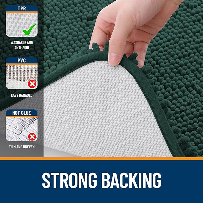 OLANLY Bathroom Rugs Sets 2 Piece, Soft Absorbent Chenille Bath Mats and U-Shaped Contour Toilet Mat Rug Set, Machine Washable Bath Carpet, Home Decor Accessories(30"x20"+24"x20", Blackish Green)