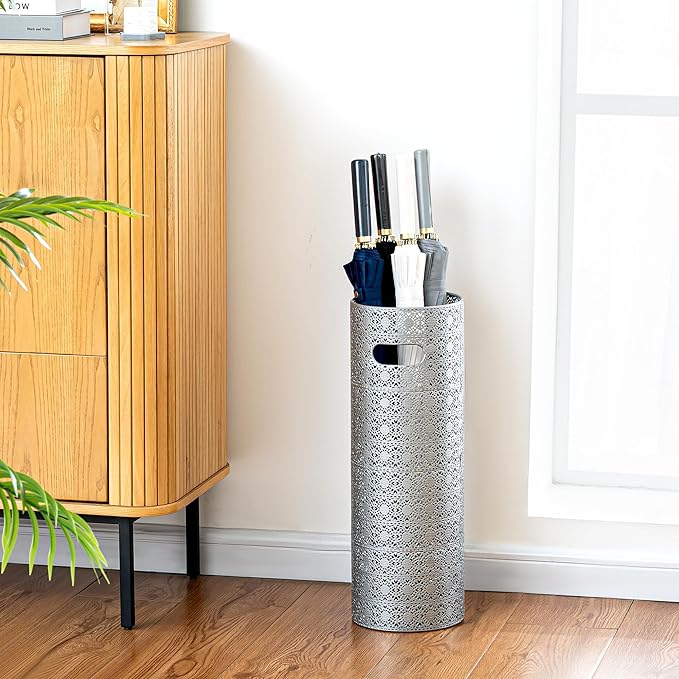 Concepts 21 inch Heavy Duty Metal Umbrella Stand - Durable Storage Holder for Umbrellas - Indoor and Outdoor Use - Stylish and Modern Organizer for Entryways. (Silver Lace)