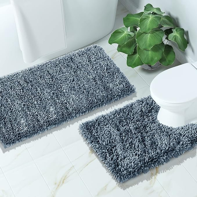 Yimobra Bathroom Rugs Sets 2 Piece, Soft Absorbent Bath Mat and U-Shaped Toilet Rug with Non Slip Backing, Luxury Shaggy Bath Mats for Bathroom, Machine Washable, 31.5"x20"+24"x20", Light Blue