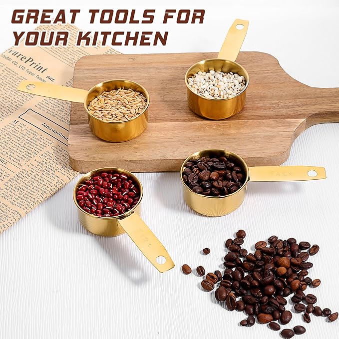 1/4 Cup Measuring Cups, 4 Pcs Golden Stainless Steel Measuring Scoop Gold Kitchen Accessories Metal 2 oz Cups for Baking Cooking Dry and Liquid Ingredient, Dishwasher Safe