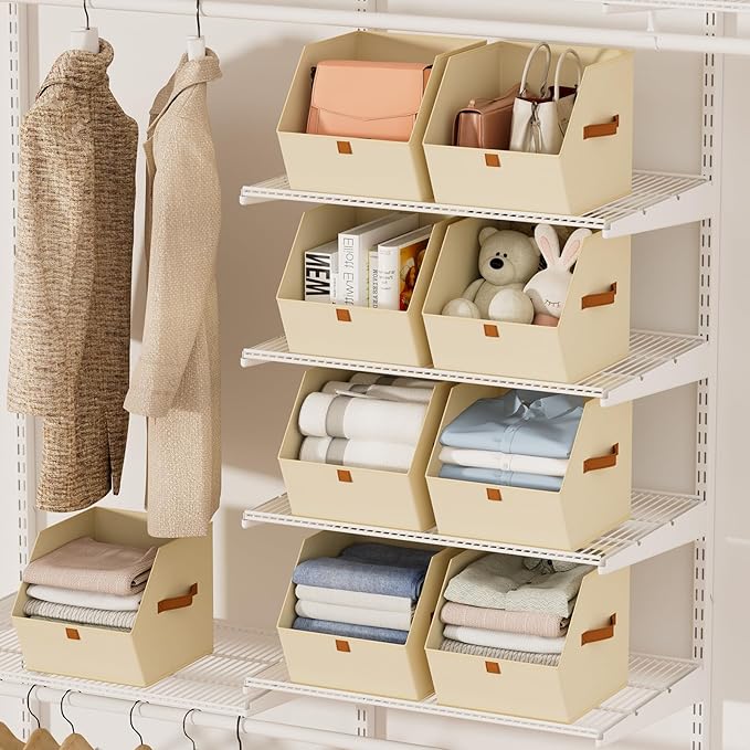 Fabric Closet Storage Cubes - 4 Pack Square Storage Bins with Dual Handles for Clothes, Towels, Toys, Cube Storage Organizers for Bedroom, Nursery, Shelves, Closet, Small Spaces, Beige