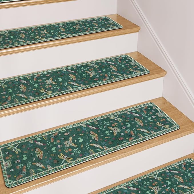 OJIA Insect Print Stair Treads Non Slip 15PCS, 8"x30" Stair Runner for Wooden Steps Indoor, Rubber Stair Mats Residue-Free Staircase Step Treads for Kids, Elders, Pets, Dark Green