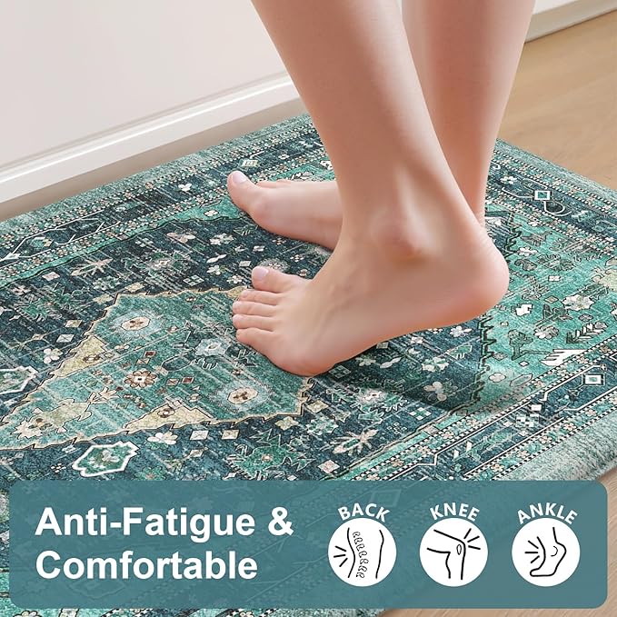 Collive Boho Kitchen Mats for Floor 2 Piece, Cushioned Anti Fatigue Kitchen Floor Mat Non-Skid Waterproof Under Sink Rug, Teal/Multi Comfort Standing Desk Rugs for Office, 17"x30"+17"x47"