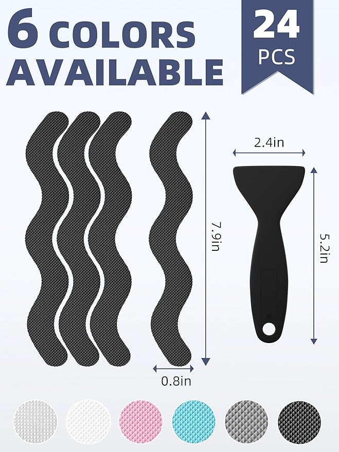 Anti Slip Shower Stickers, Adhesive Decals Safety Strips with Scraper for Bath Tub, Shower Floor, Stairs, 24 Pieces (Black)