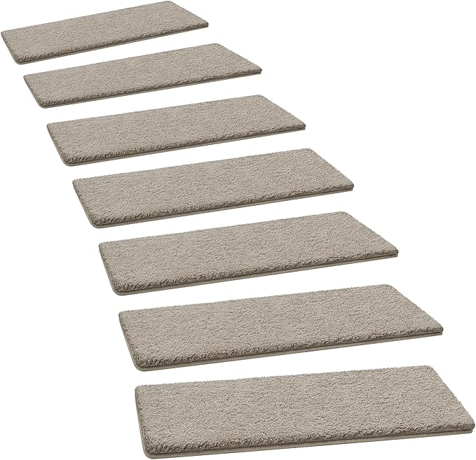 PURE ERA Carpet Stair Treads Ultra Plush 8 x 30 inch Soft Indoor Stair Protectors Pet-Friendly Non-Slip Skid Resistant Tape Free Washable Reusable(7 Pieces,Cream Gray)
