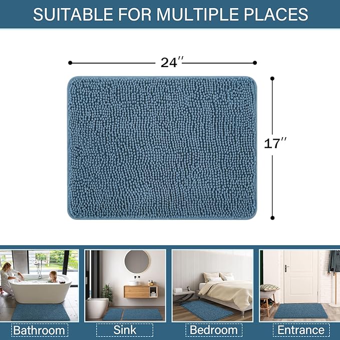 LOCHAS Luxury Bathroom Rug Shaggy Bath Mat 24 x 17 Inch, Washable Non Slip Bath Rugs for Bathroom Shower, Soft Plush Chenille Absorbent Carpets Mats, Denim Blue