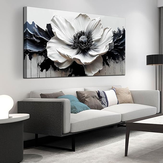 Black and White Flower Wall Art for Bedroom - Large Canvas Wall Art Living Room - Floral Wall Decor for Teen Girls Size 29" x 59"