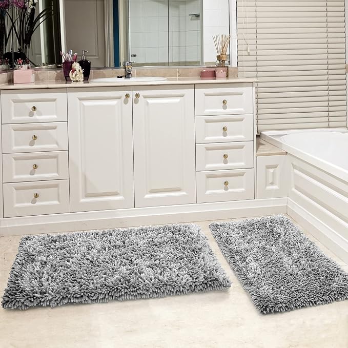 Yimobra Bathroom Rug Set 2 Piece, Luxury Shaggy Bath Mat Set with Non Slip Backing, Ultra Soft & Absorbent Mats for Bathroom Floor, Machine Washable, 44"x24"+24"x17", Light Grey
