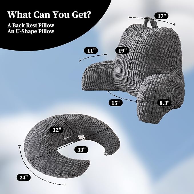 Back Pillow for Bed Sitting Up,U Shaped & Back Support Pillow for Bed,17" Backrest with Lumbar & Arm Support,Comfy Corduroy Fabric,Lap Pillow for Gaming/Reading/Watching TV,Gray