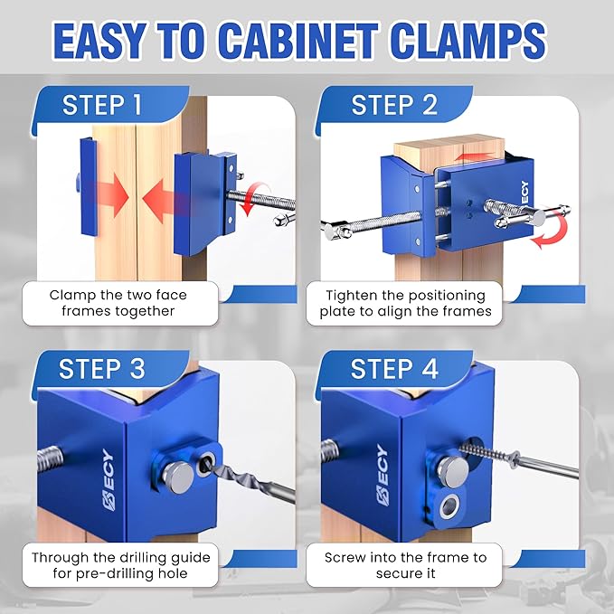 ECY Cabinet Clamps 2 Pack - Cabinet Face Frame Alignment Tool，Anodized Aluminum Alloy, Professional Installation Clamps for Woodworking & DIY Projects (Blue)