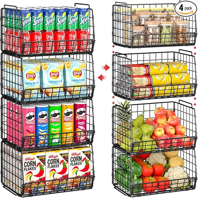 4 Pack Stackable Pantry Organizer and Storage Baskets, Foldable Wire Baskets for Pantry Storage, Large Pantry Organizers for Fruit, Vegetable, Snack, Bread, Produce Storage – Black