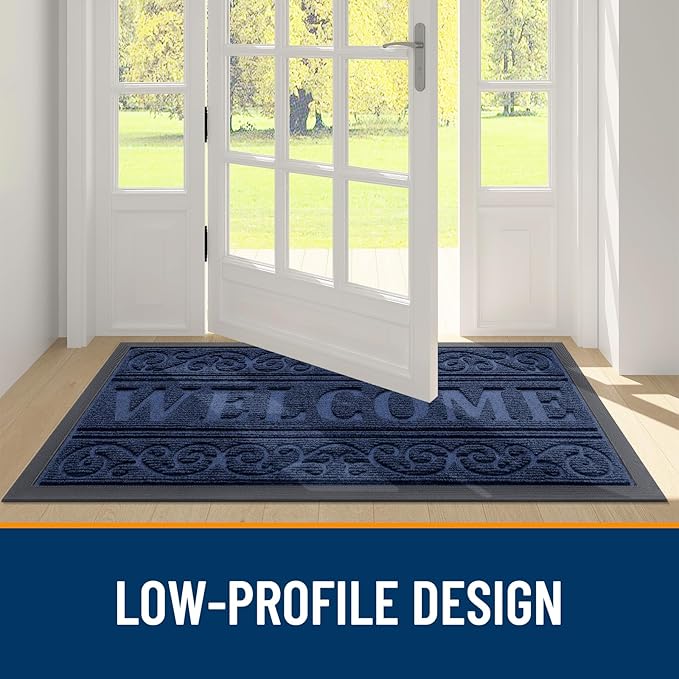 OLANLY Welcome Door Mat Indoor Outdoor Entrance, Heavy Duty Sturdy Front Door Mat, Waterproof All-Weather Doormat, Stain Resistant, Low Profile, Easy Clean Patio Entryway Mat, 29.5 x 17, Navy Blue