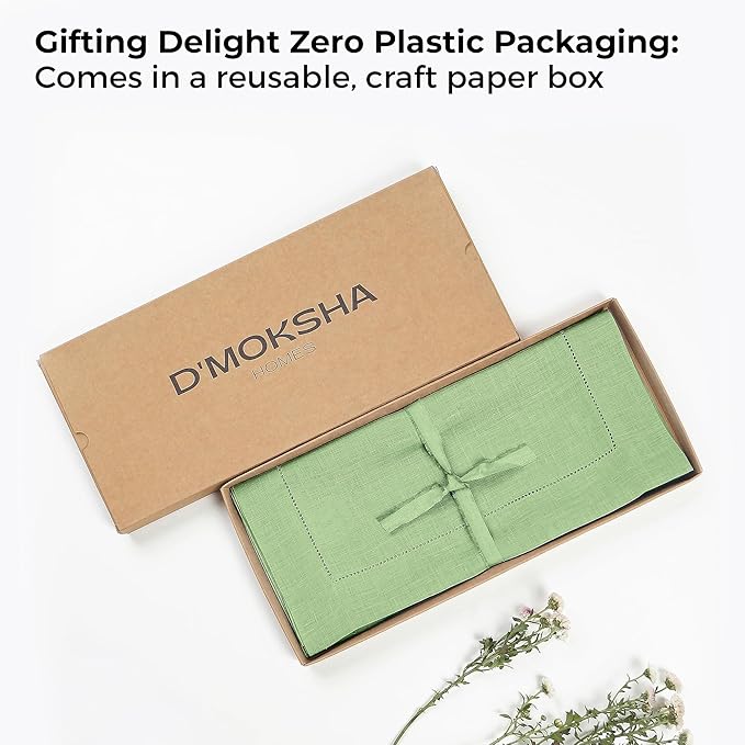 D'Moksha Homes Linen Sage Green Table Runner 120 Inches Long - 100% Pure Linen Hemstitch 14 x 120 Inch Table Runner for Dining, Spring, St Patricks Day, Easter - Classic Hemstitch