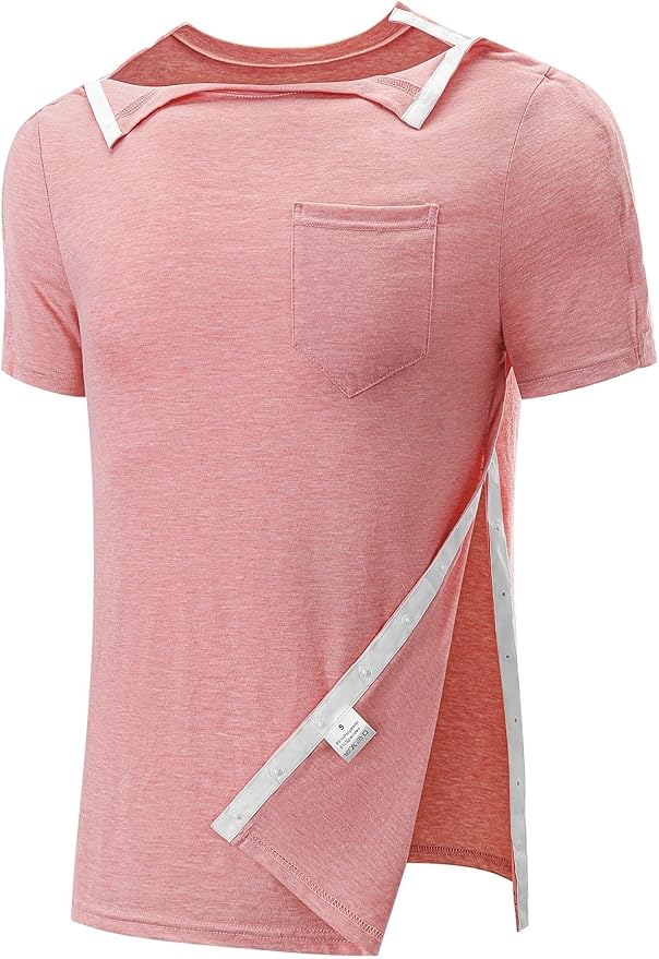Poriff Men's Post Shoulder Surgery Recovery Shirts Full Tear Away Short Sleeve Snap Chemo Port Access Shirt
