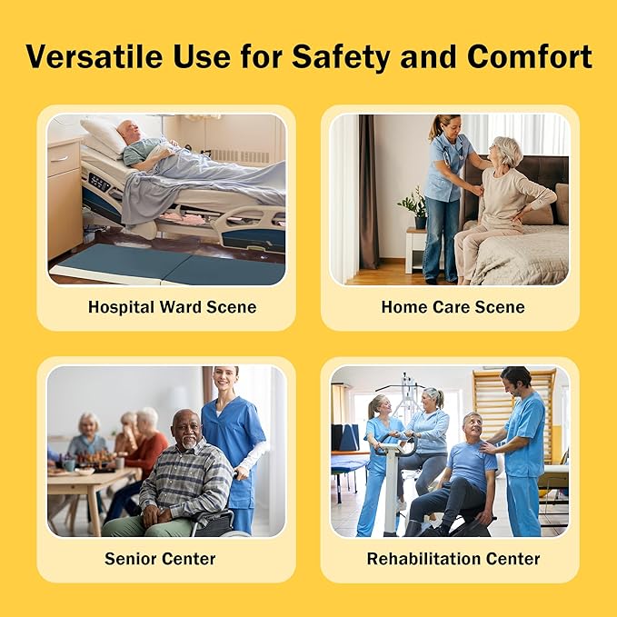 MABOZOO Fall Mat for Elderly with Glow-in-The-Dark Strips, 66"x24"x2" PU Leather Fall Mattress with Beveled Edge, Bi-Fold Bedside Safety Protection Mat for Patients, Seniors, Caregivers