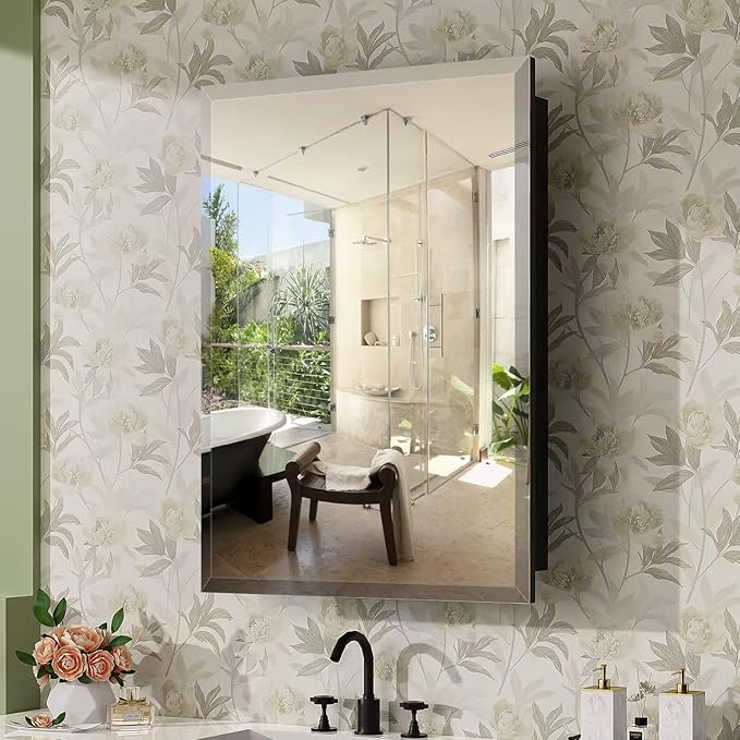 20 x 26 Inch Medicine Cabinet for Bathroom Wall Mounted, Recessed With Beveled Mirror and Adjustable Shelves, Black Cabinet With Ample Storage for Modern House