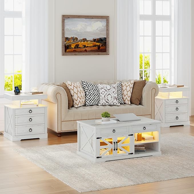 Gurexl Farmhouse Night Stand with Lockable Gun Drawer,LED Nightstand with Charging Station,Bedside Table with Human Sensor 3-Color Lights,End Table with 3 Drawers,Bedroom,White